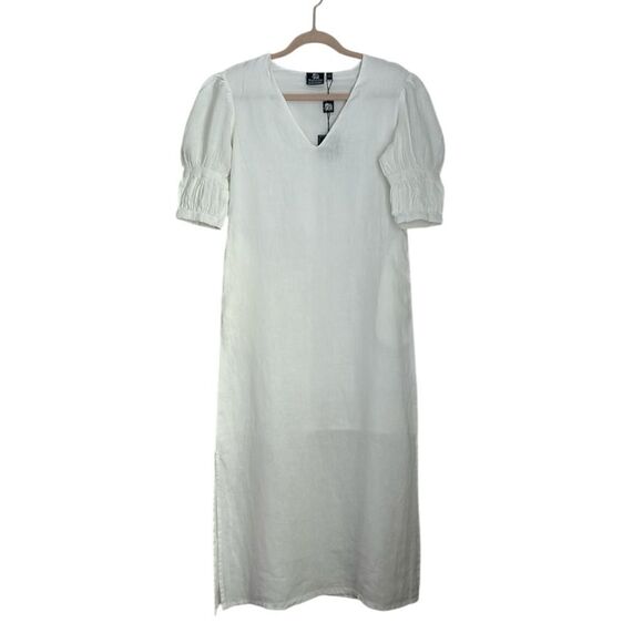 Madison Mathews White Linen Puff Sleeve Midi Dress Lined Pockets Size XS NWT - Picture 1 of 6